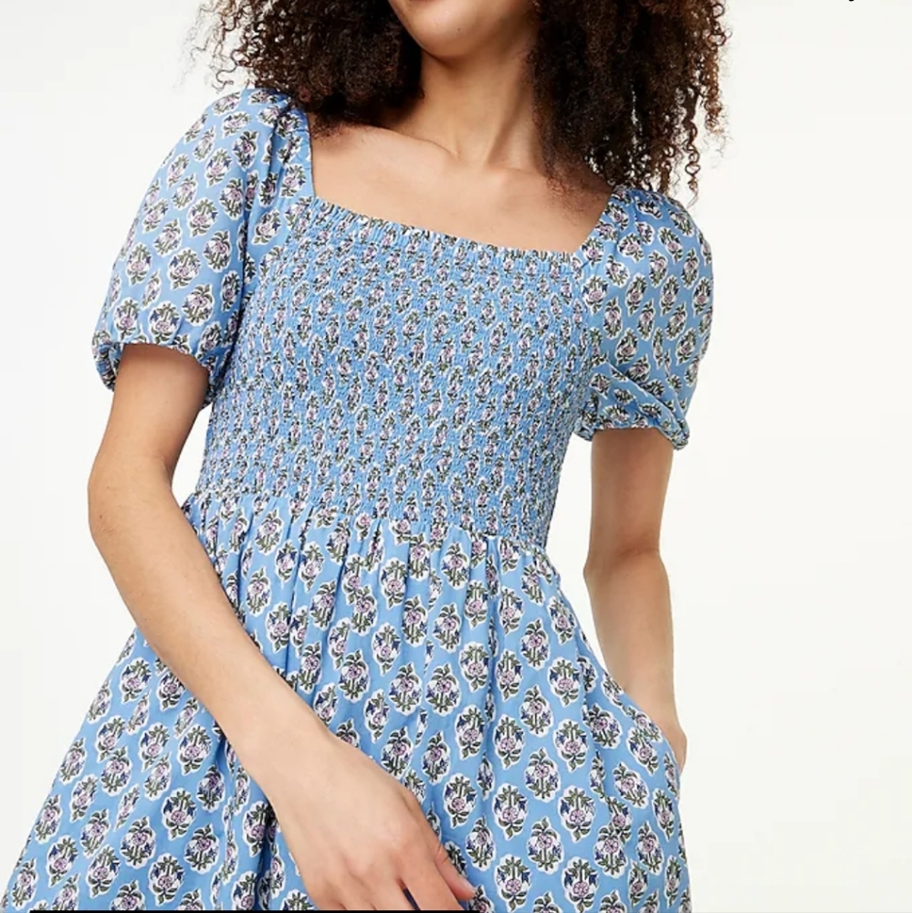 Smocked Midi Dress with Puff Sleeves